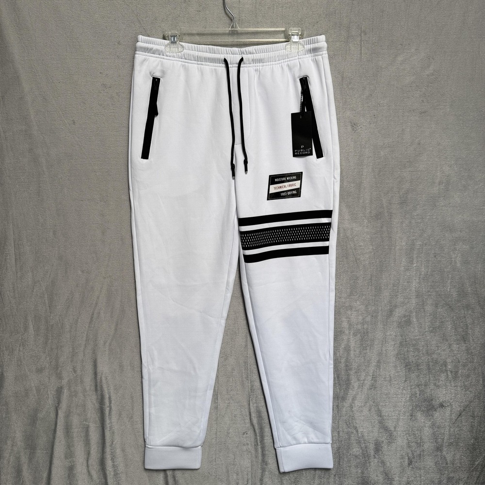 Public Record Pants Mens Medium White Black Tech Jogger Zip Pockets Quick Dry